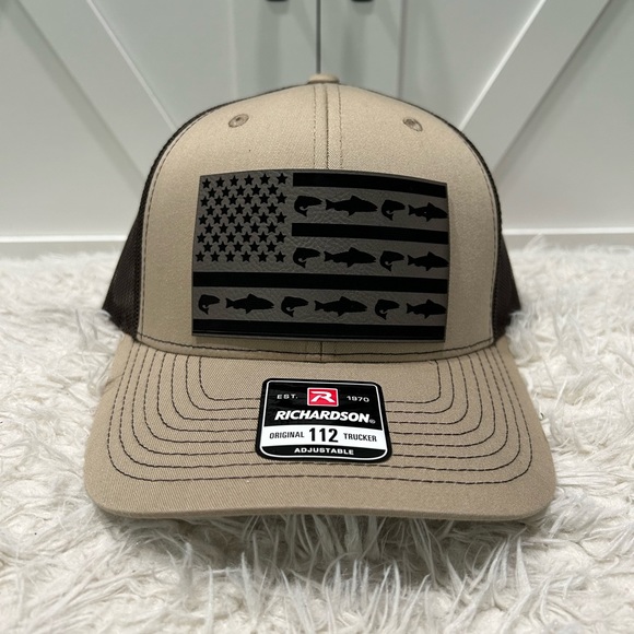 Laser engraved American flag fish. Richardson 112 trucker hat. - Picture 1 of 2
